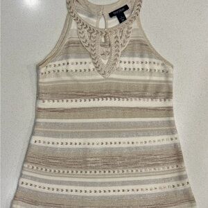 White House Black Market Beige Striped Beaded w Rhinestones Women's Top S